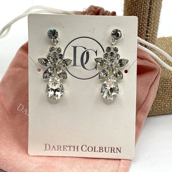 Dareth Colburn NWT Floral Pear Drop Clear Crystal Silver Bridal Prom Earrings - Picture 2 of 5